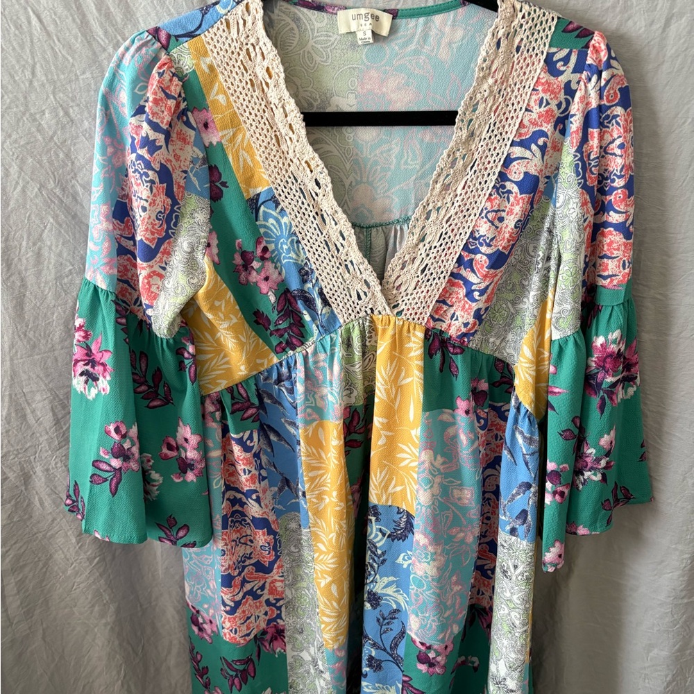 Colorful Floral Bohemian Dress with Lace Trim